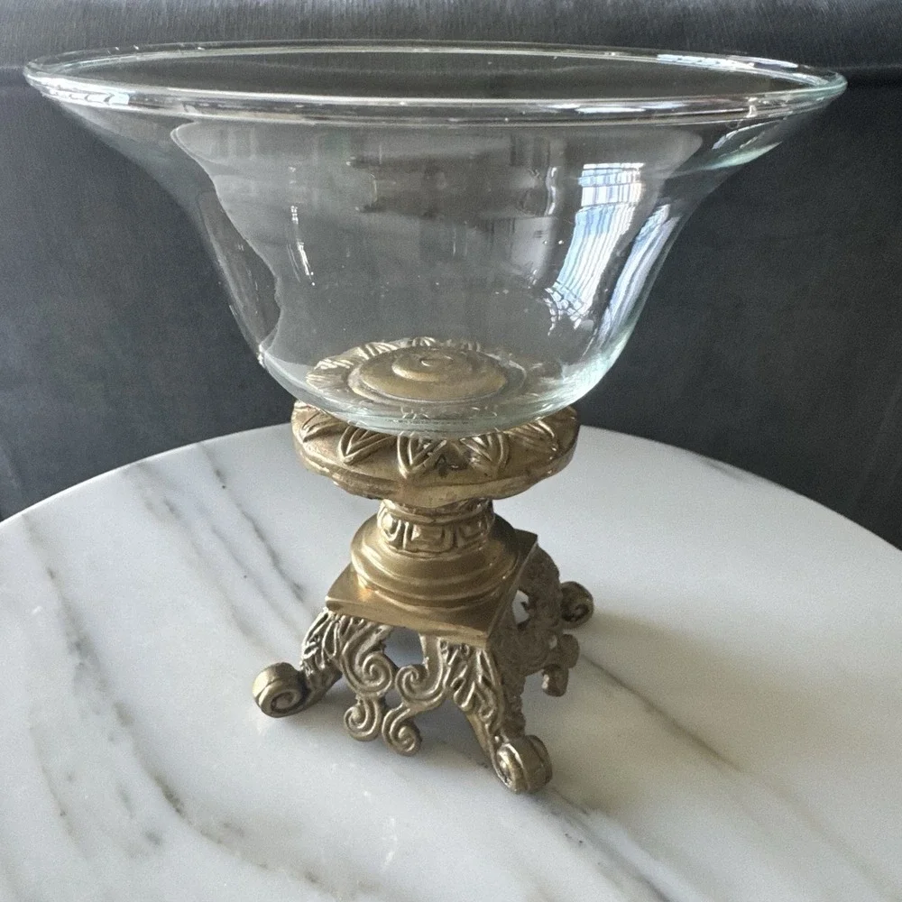 Vintage Glass Bowl ~ Brass Pedestal ~ Decorative Compote Bowl ~ Candy Dish